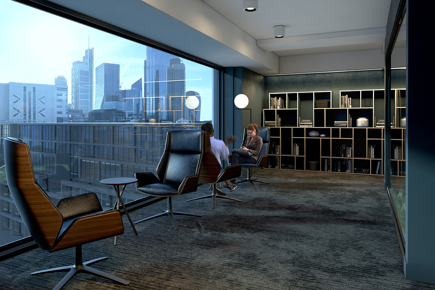 CGI of a breakout room at Finsbury Square, with director-style chairs, stylish bookshelves and a floor to ceiling window.