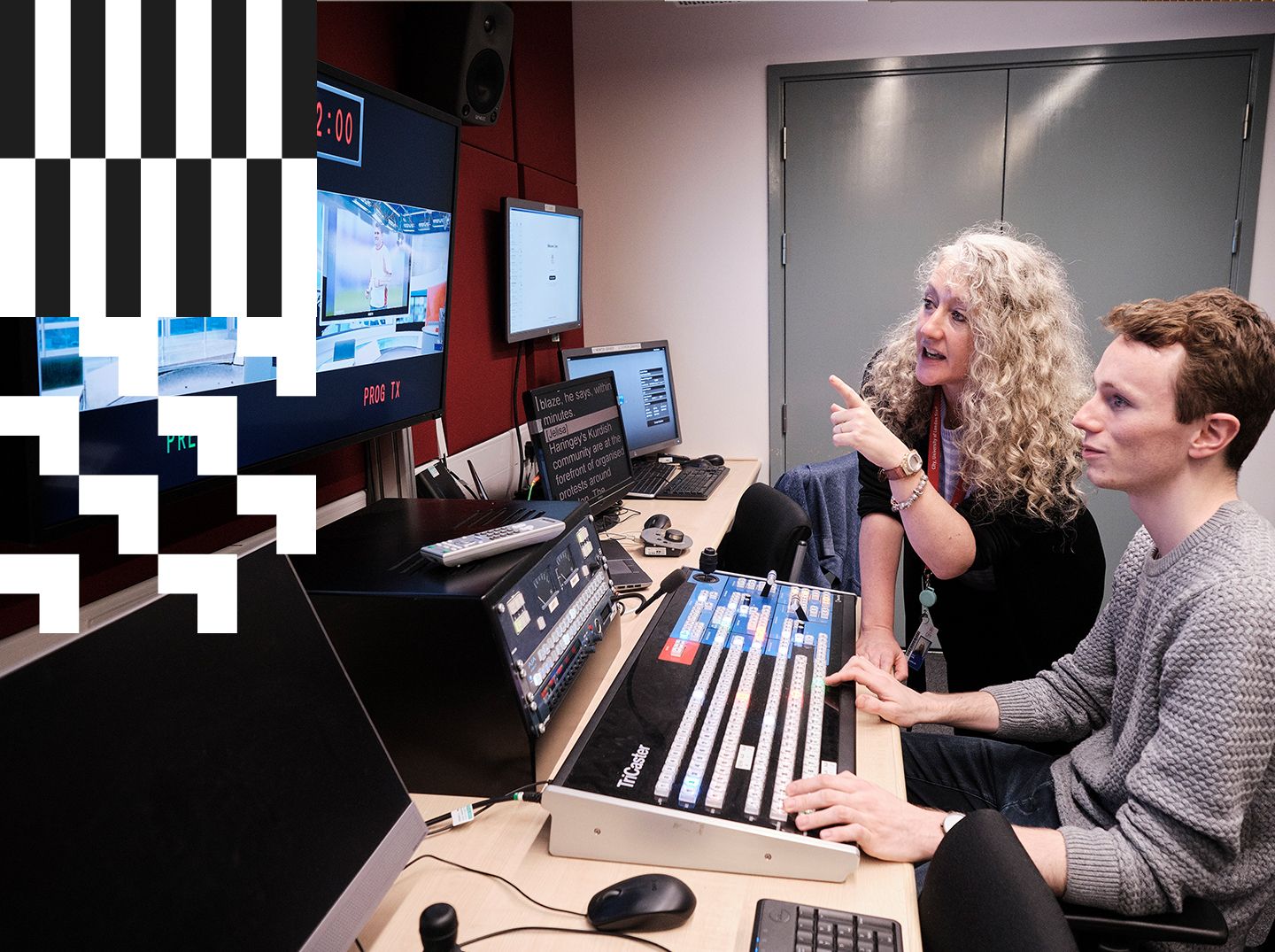 Academic and student in a journalism studio. Photographer credit: Duncan Phillips
