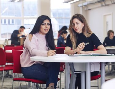 2 students sit at a desk and look into the camera