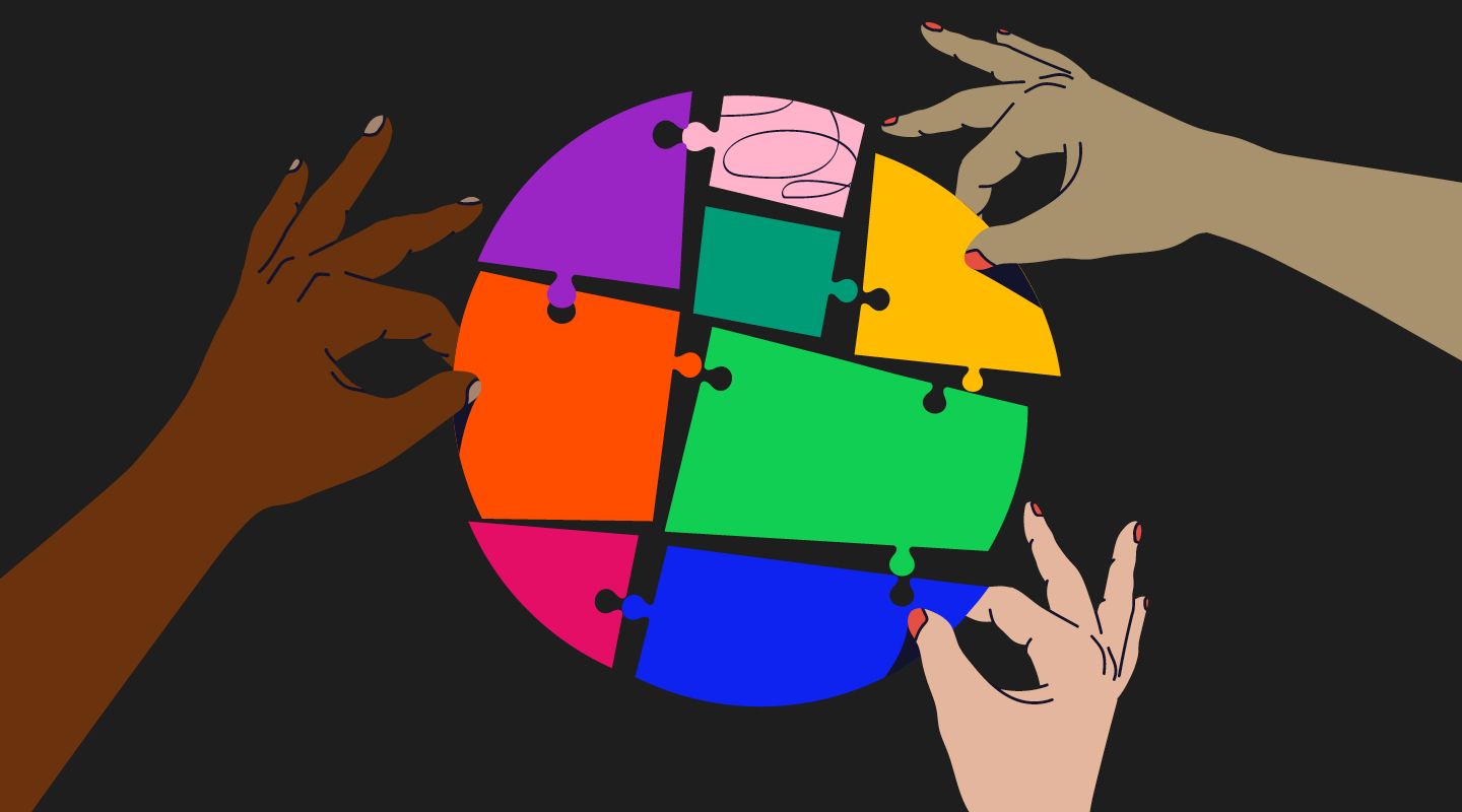 Graphic of three hands with different skin colours putting together a circular jigsaw puzzle with large different coloured pieces.