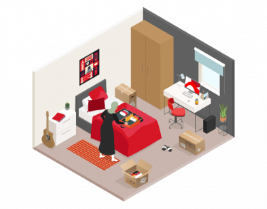 Illustration of student unpacking suitcase on the bed