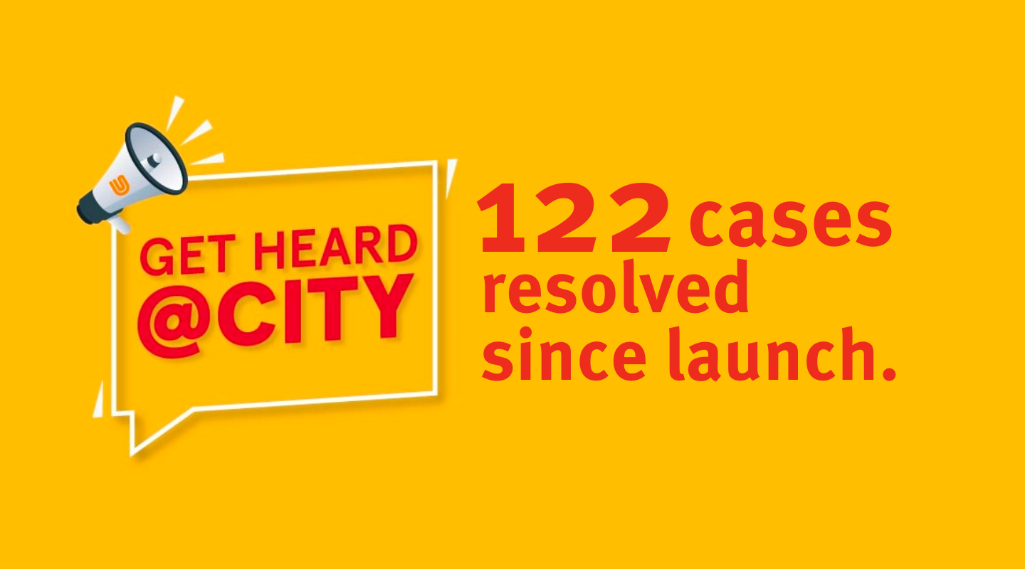 Get Heard @ City logo and 122 cases solved since launch