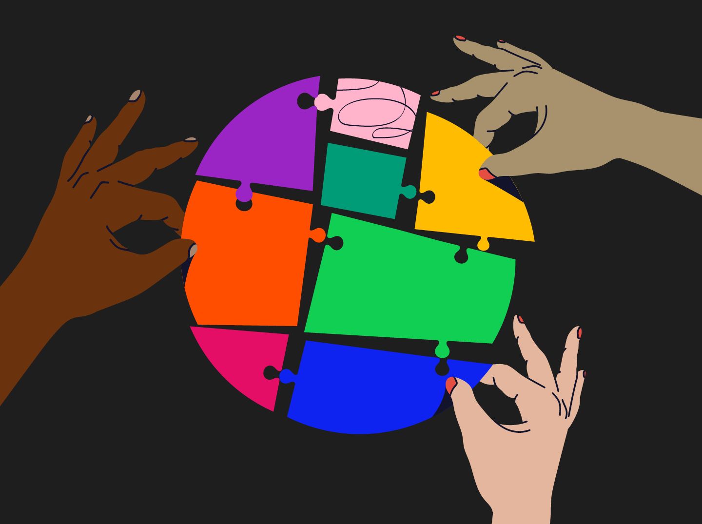 Graphic of three hands with different skin colours putting together a circular jigsaw puzzle with large different coloured pieces.