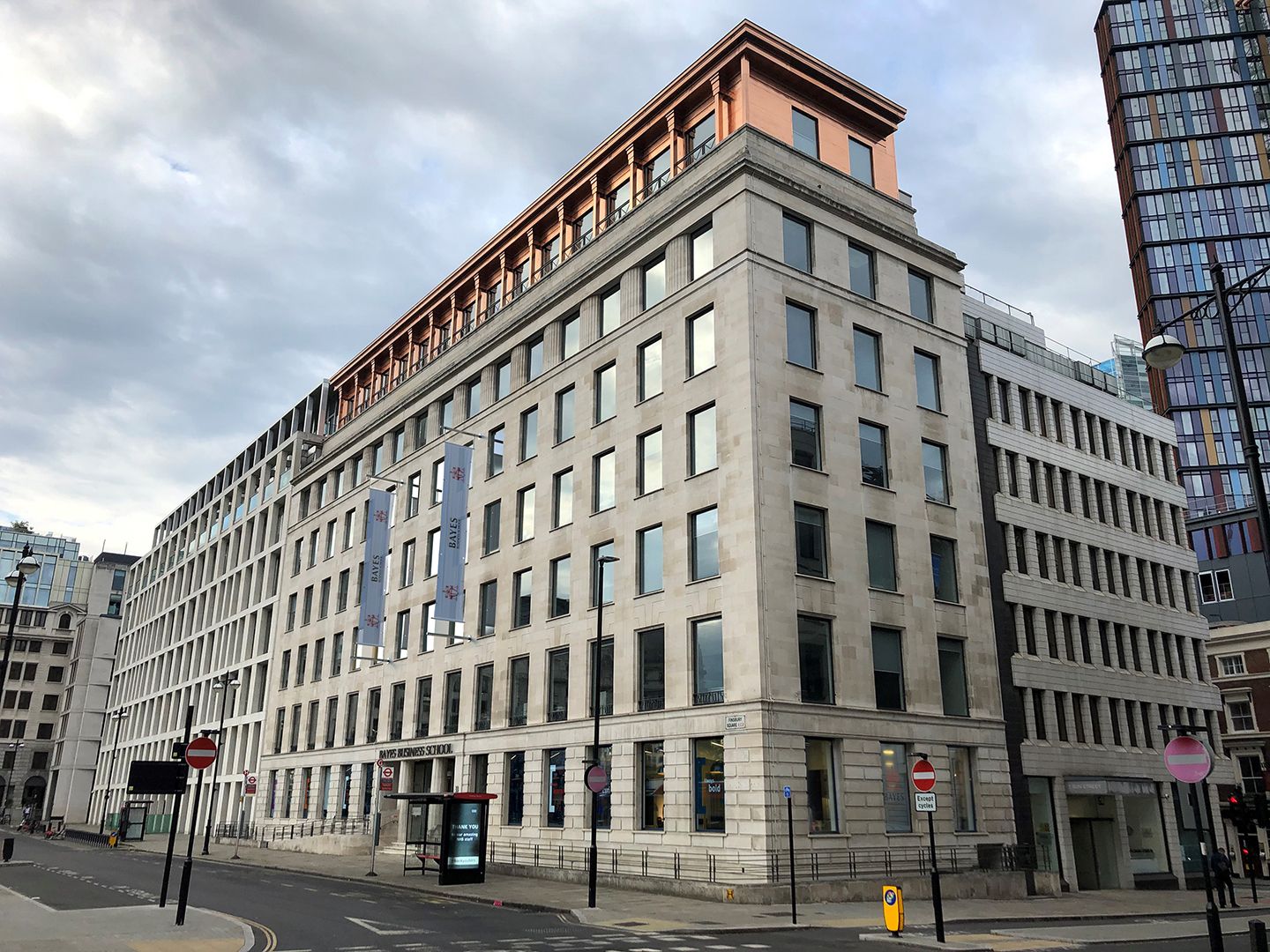 Outside of Finsbury Square building, showing entrance and signage.
