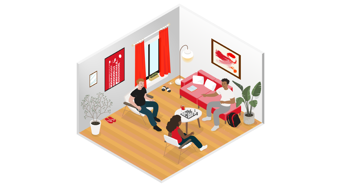 Illustration of students playing chess in the living room