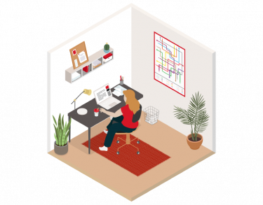 Illustration of student using a computer in the study