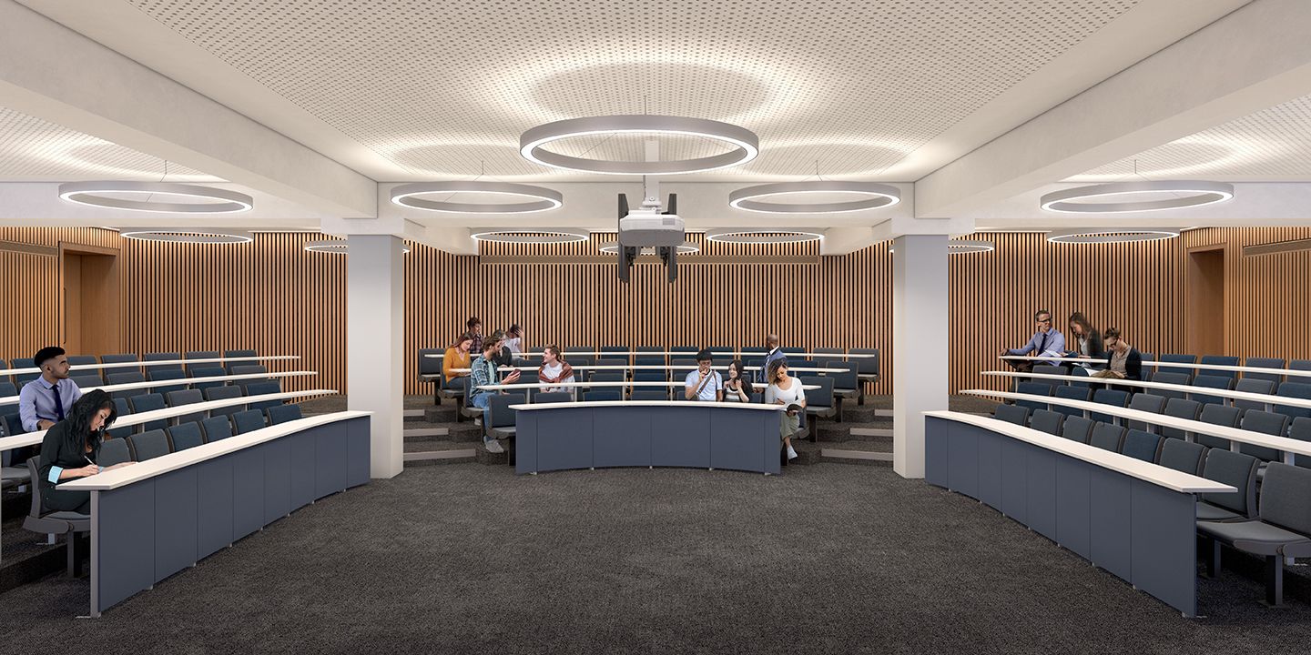 CGI of a lecture theatre at Finsbury Square, looking out at students from the speaker's position.