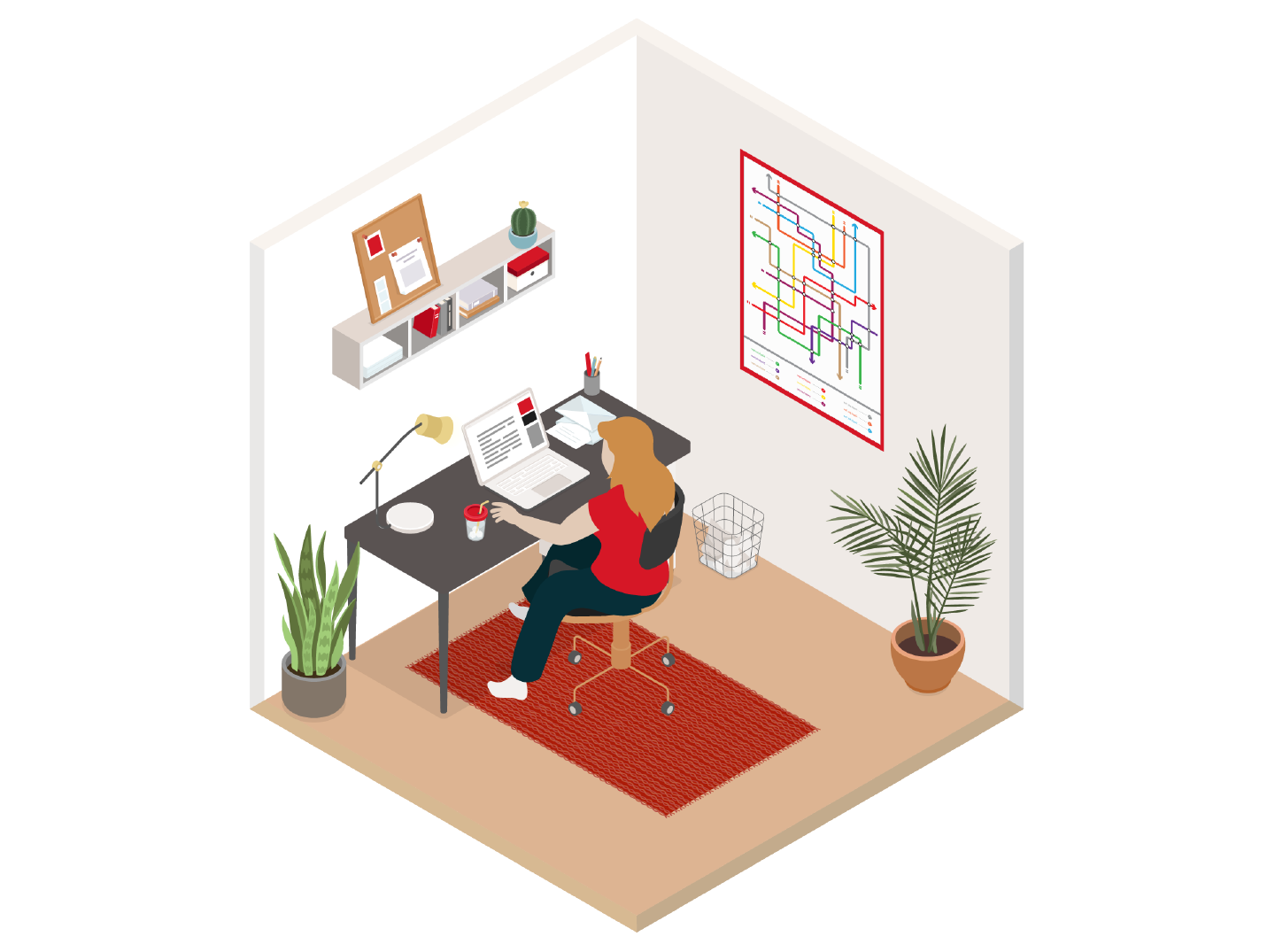 Illustration of student using a computer in the study