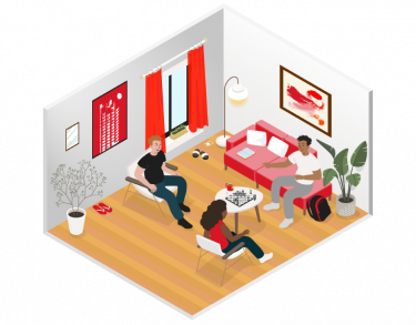 Illustration of students playing chess in the living room