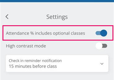 Image from the app showing how to show optional classes in the attendance percentage