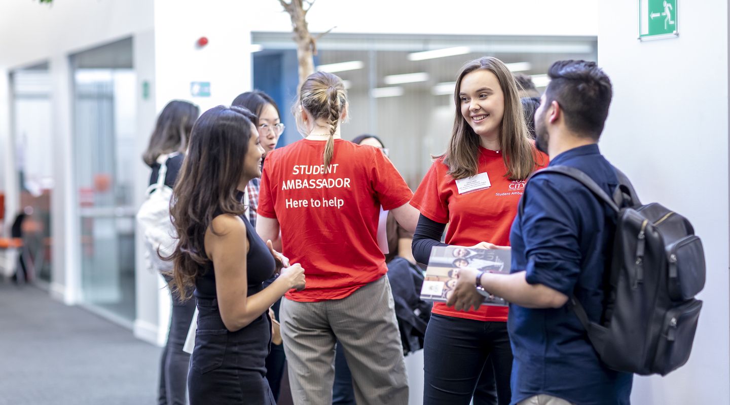 Two student ambassadors talking to other young people