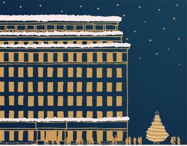 Illustration in blue, gold and white showing Bunhill Row building and a Christmas tree in snow.