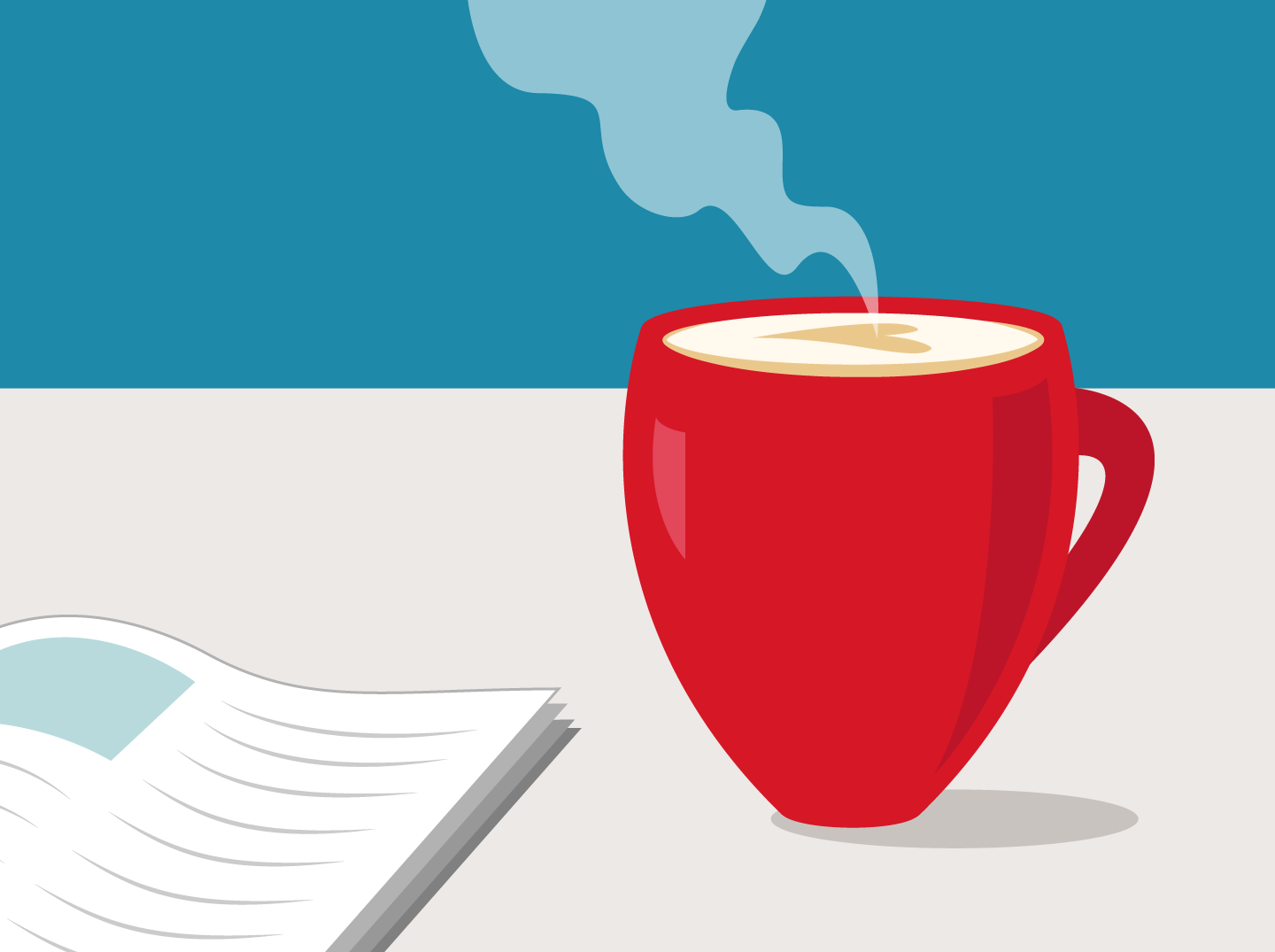 Illustration of steaming mug of coffee next to an open book.