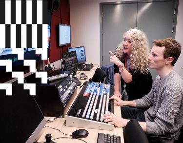 Academic and student in a journalism studio. Photographer credit: Duncan Phillips