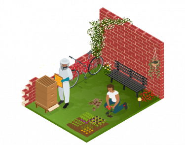 Illustration of a City bee keeper in garden and a student planting flowers