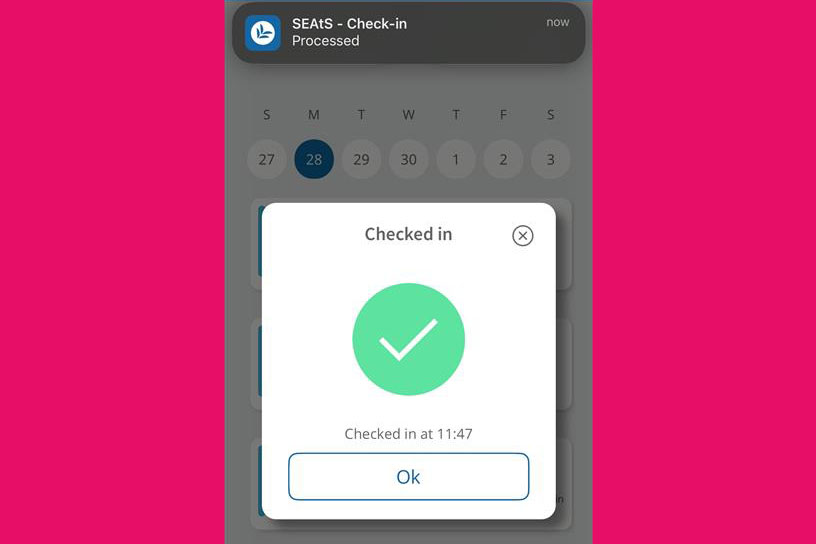 App calendar screen with a check-in confirmation pop-up.
