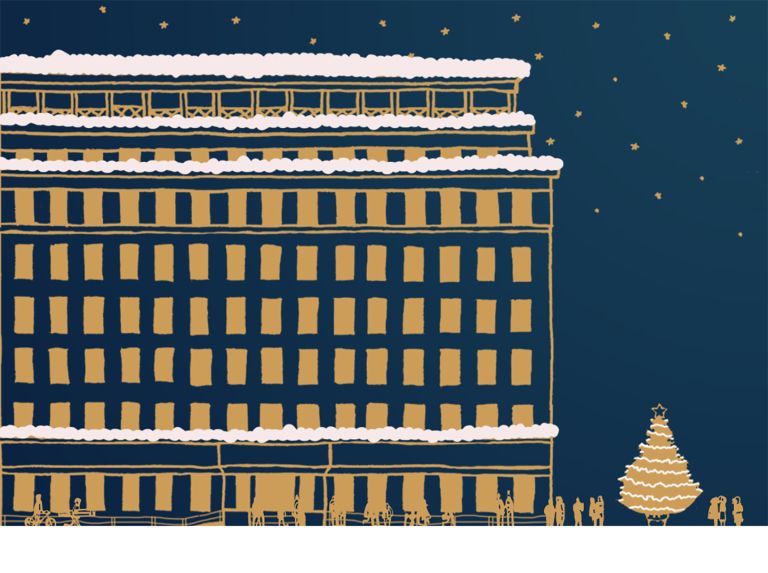 Illustration in blue, gold and white showing Bunhill Row building and a Christmas tree in snow.