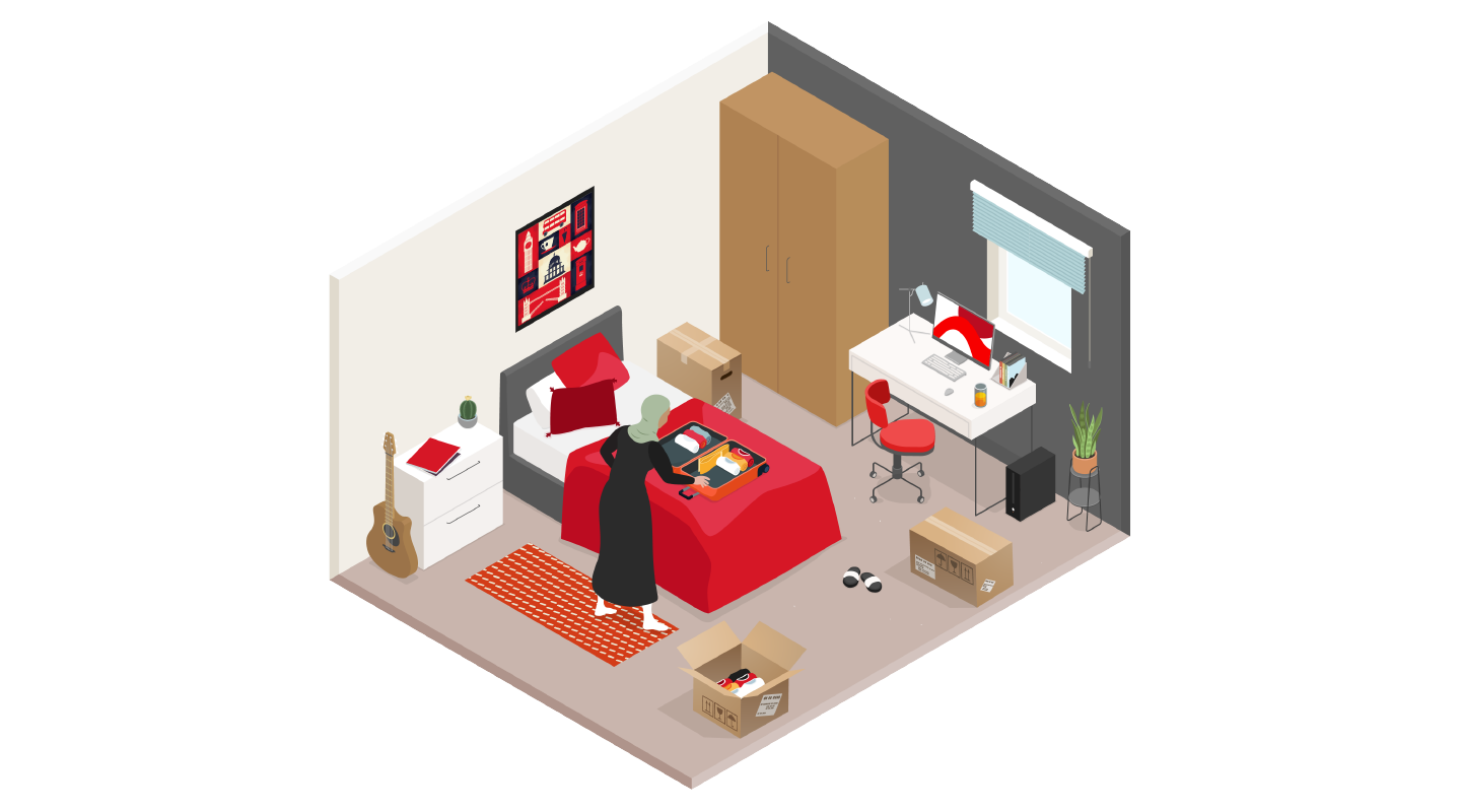 Illustration of student unpacking suitcase on the bed