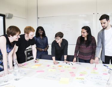 Team doing a affinity diagramming work with post-it notes.