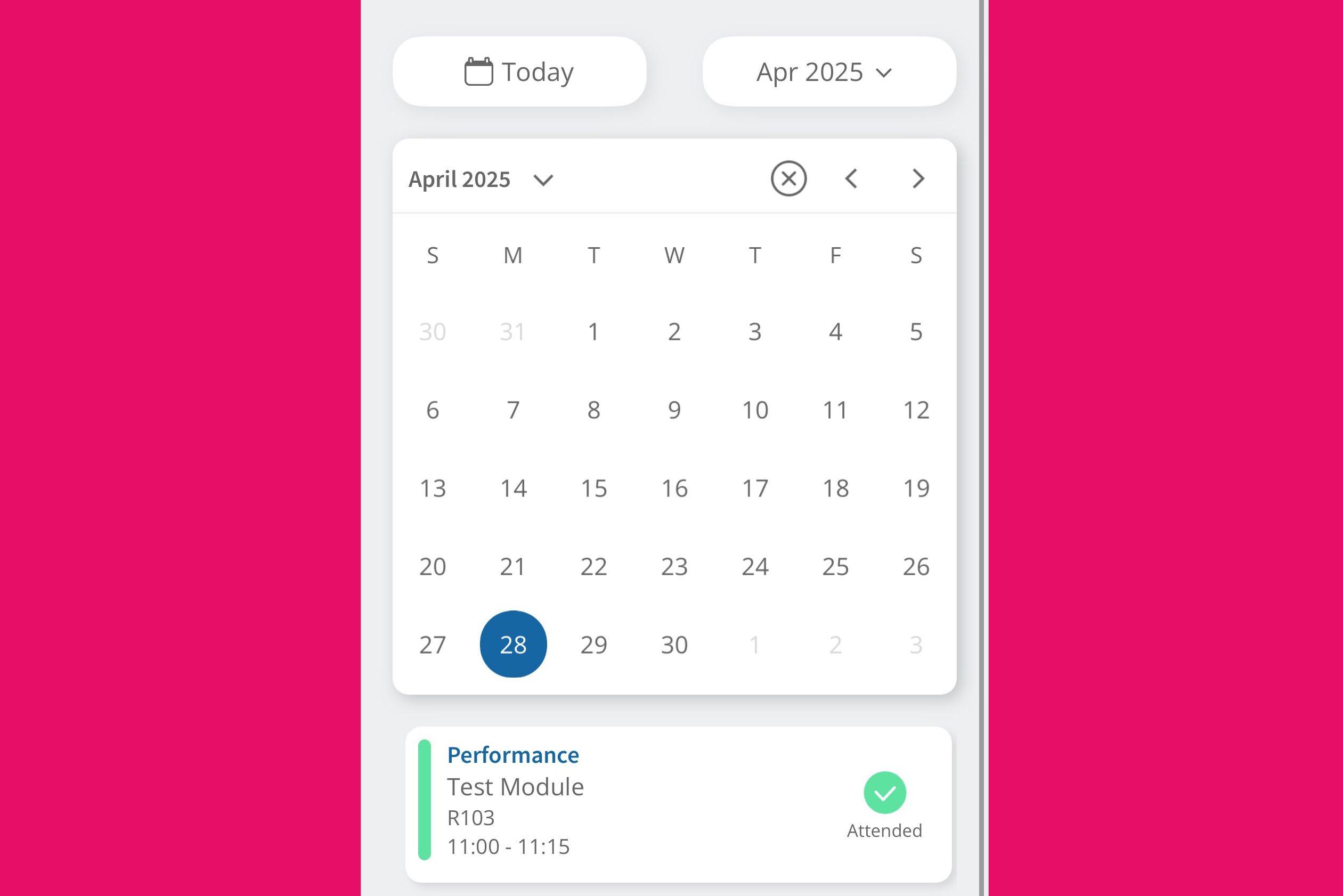 App calendar screen listing modules per date.