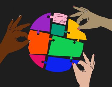 Graphic of three hands with different skin colours putting together a circular jigsaw puzzle with large different coloured pieces.