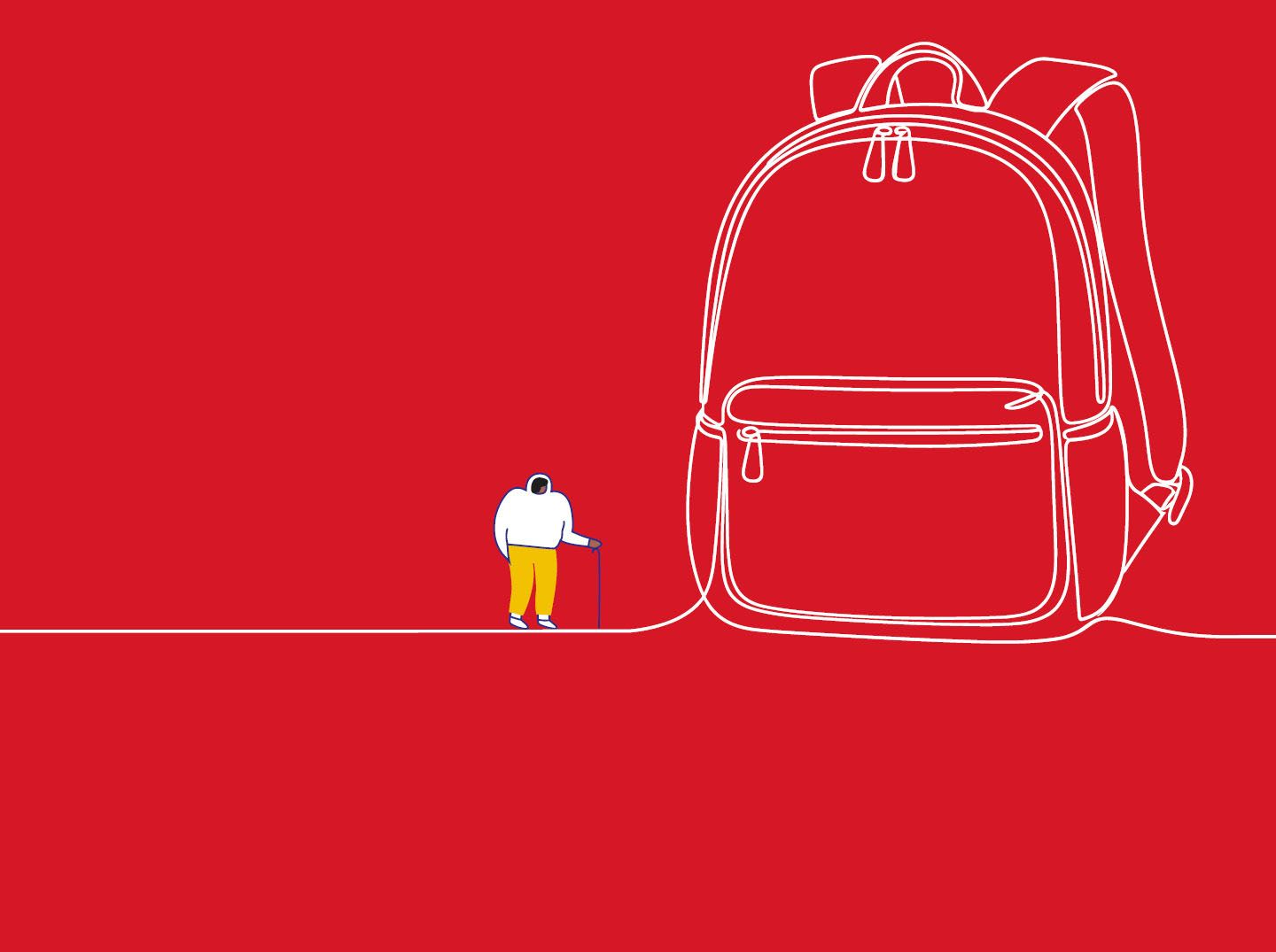 Stylised graphic of a tiny person with a walking stick whose path is blocked by a massive backpack.
