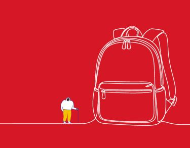 Stylised graphic of a tiny person with a walking stick whose path is blocked by a massive backpack.